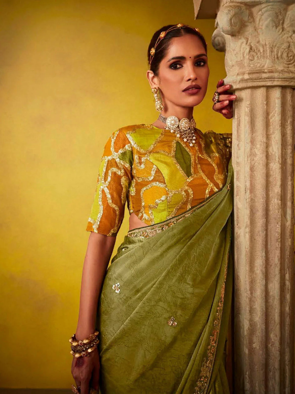 Olive Green And Mustard Multi Embroidery Silk Saree