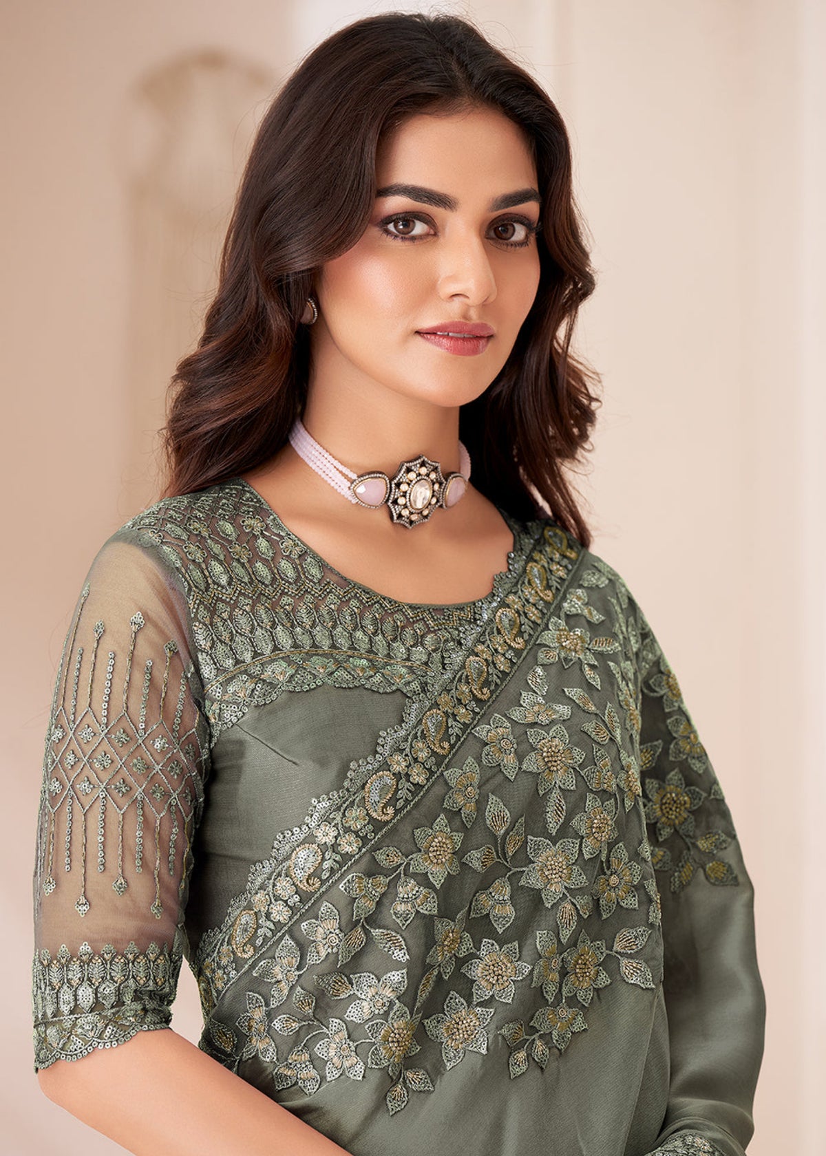 Olive Green Sequence Embroidery Wedding Saree