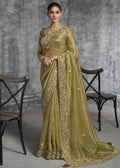 Olive Green Tissue Zari Embroidered Saree