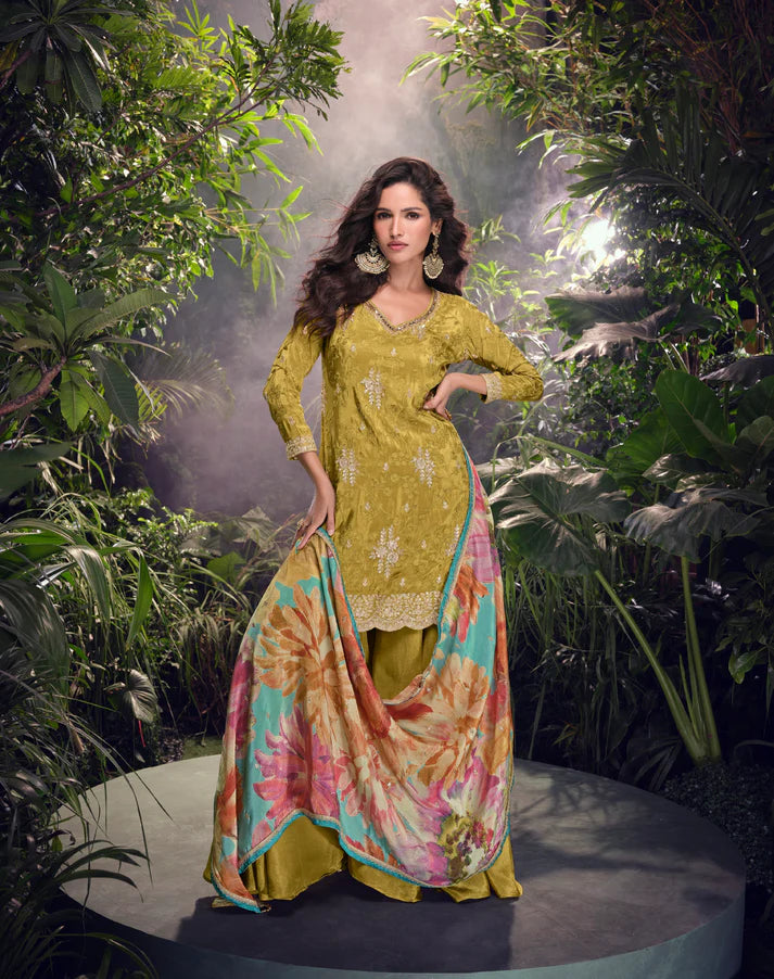 Olive Green chinon Silk Sharara Suit 