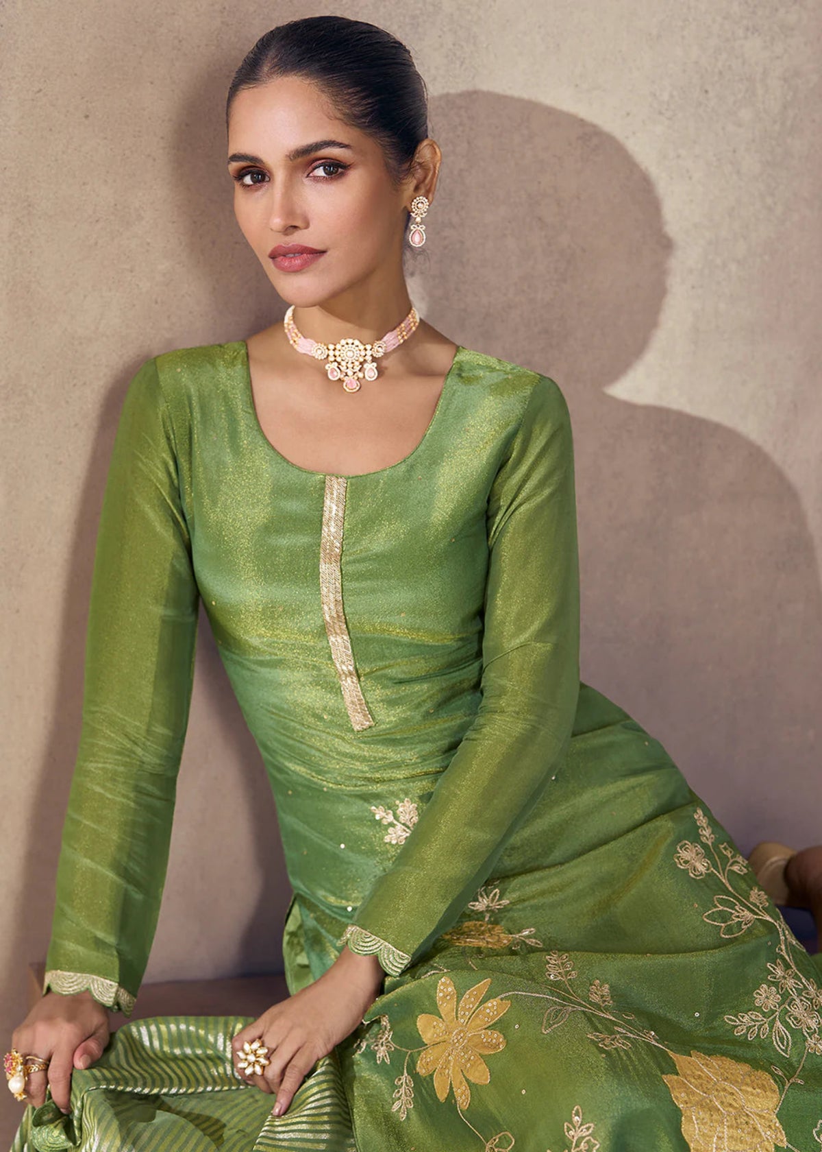 Olive Green embroidered silk salwar suit