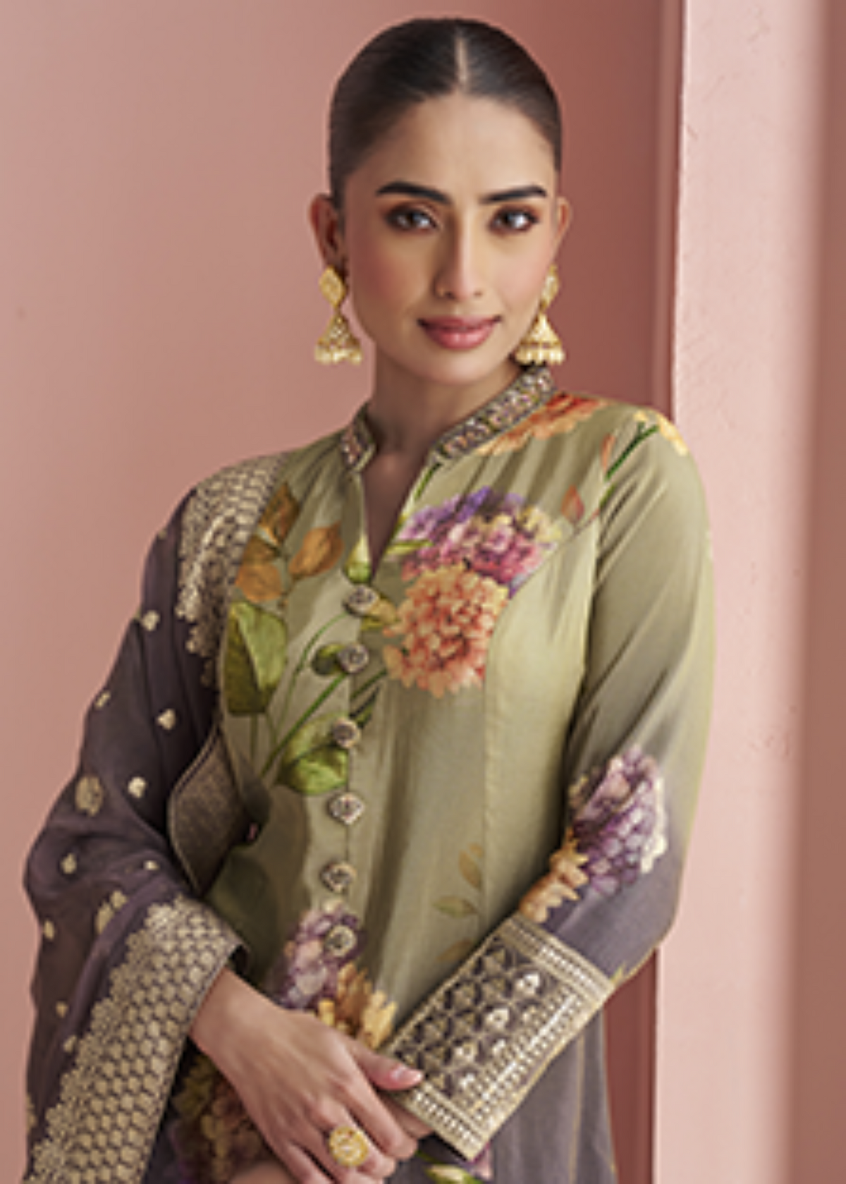 Olive Premium Silk Front Cut Pant Style Suit.