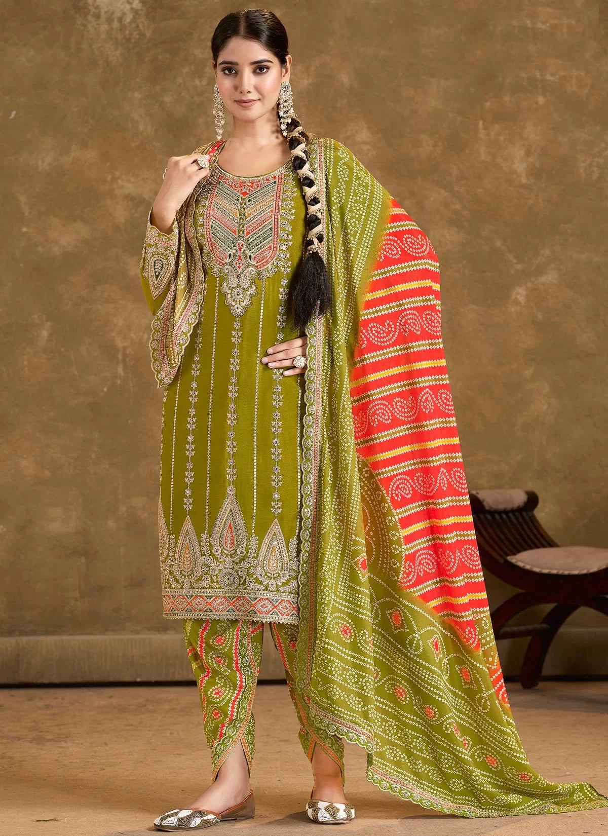 Olive green multi embroidery bandhani designer dhoti style suit