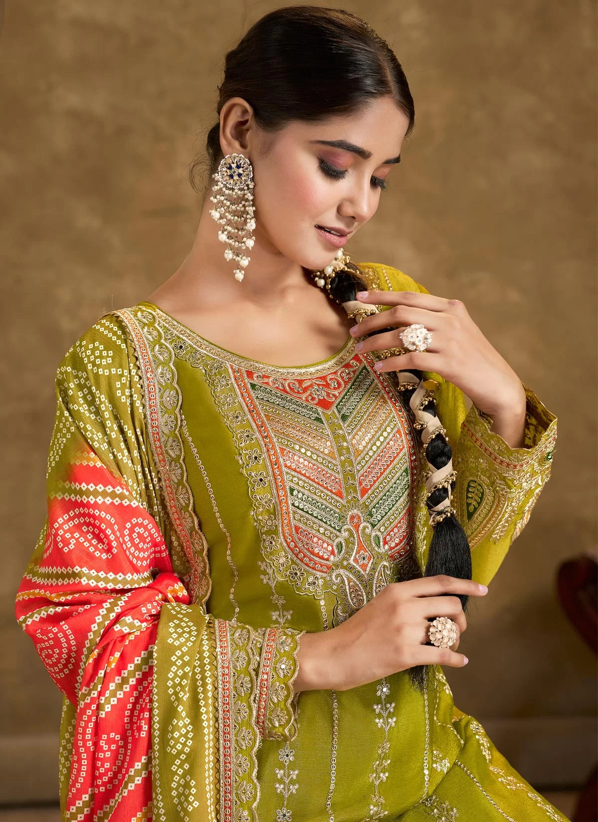 Olive green multi embroidery bandhani designer dhoti style suit
