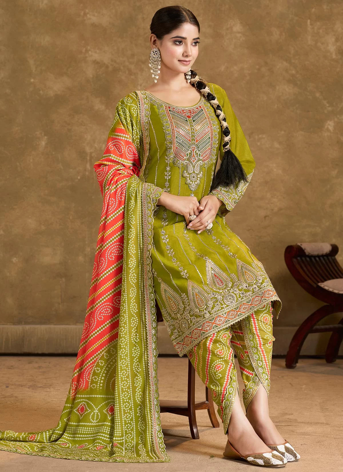 Olive green multi embroidery bandhani designer dhoti style suit