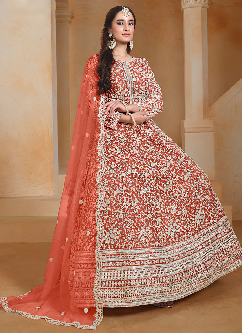 Orange Embroidery Festive Anarkali Suit