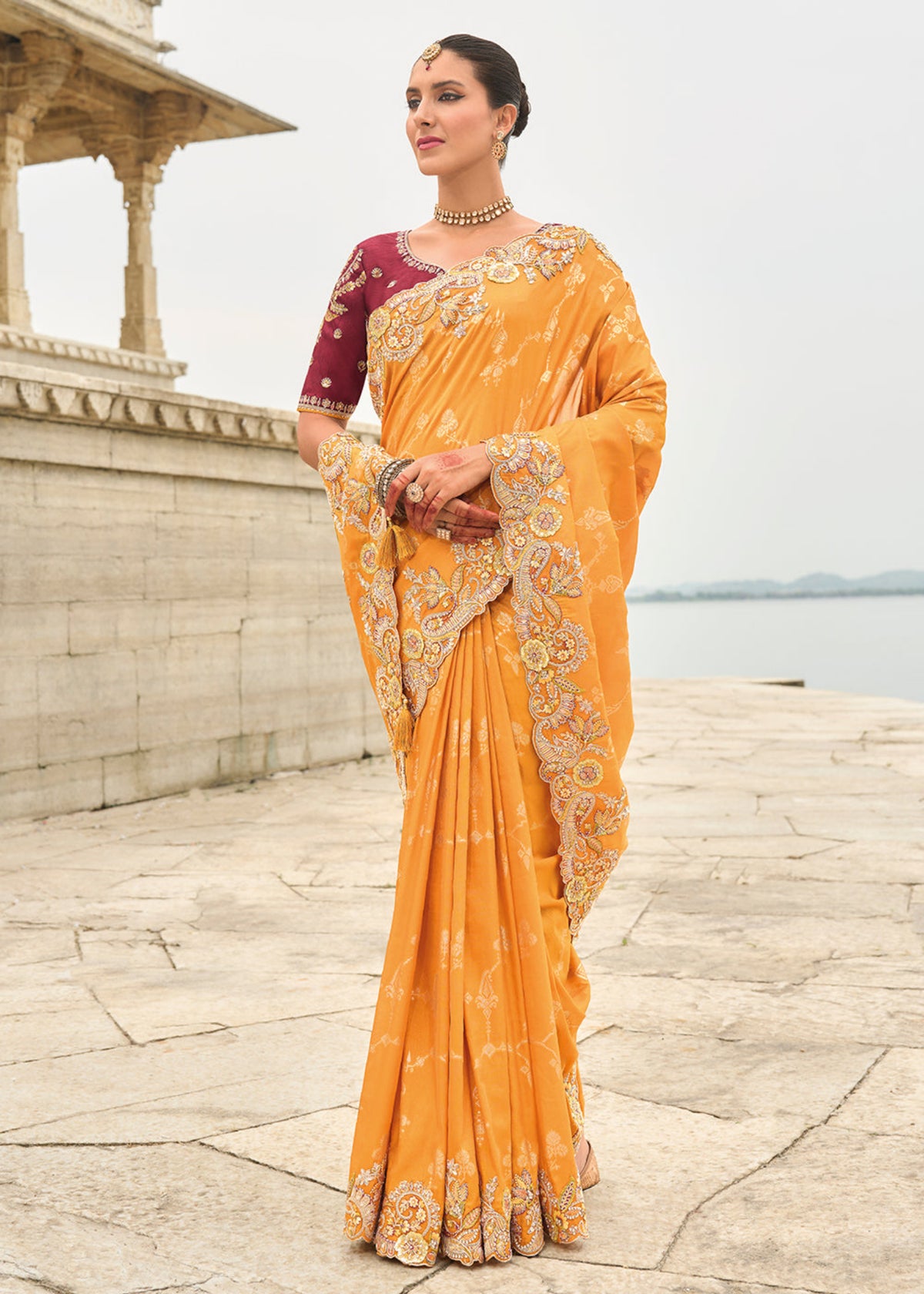 Orange And Maroon Multi Embroidery Saree