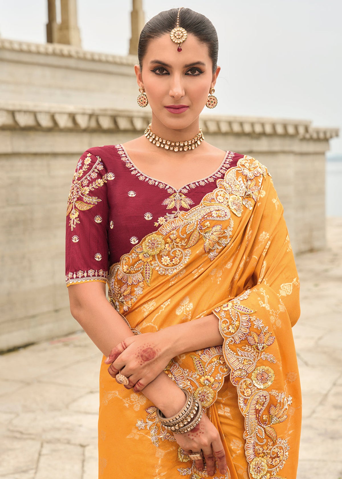 Orange And Maroon Multi Embroidery Saree