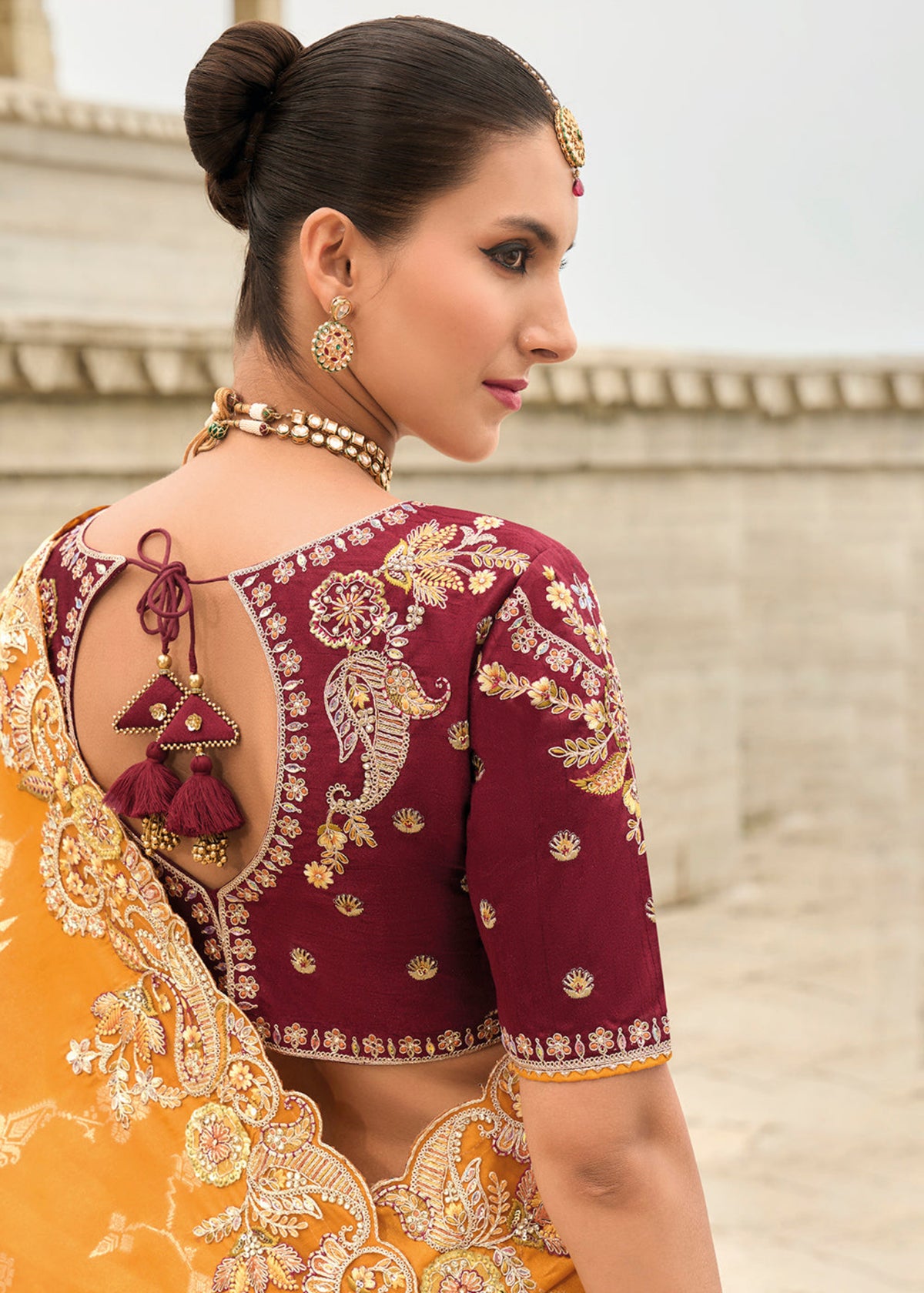 Orange And Maroon Multi Embroidery Saree