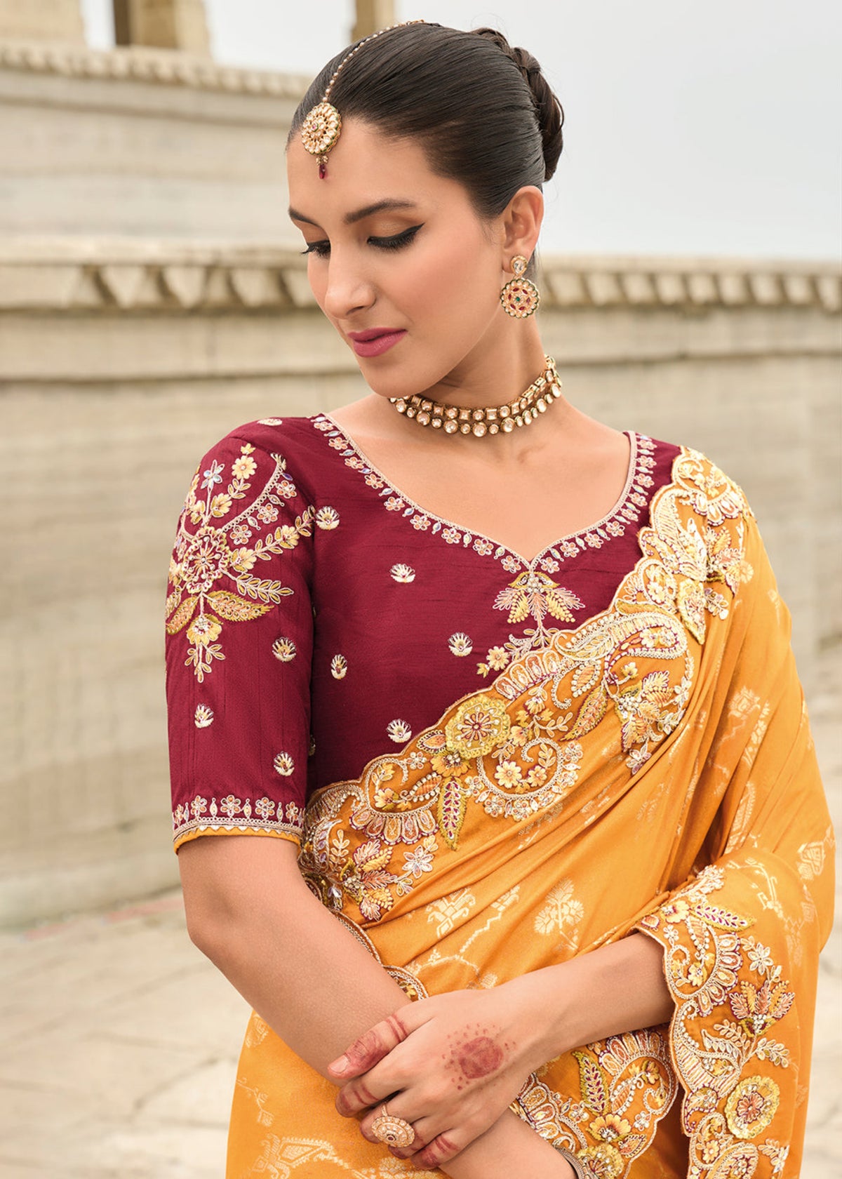 Orange And Maroon Multi Embroidery Saree