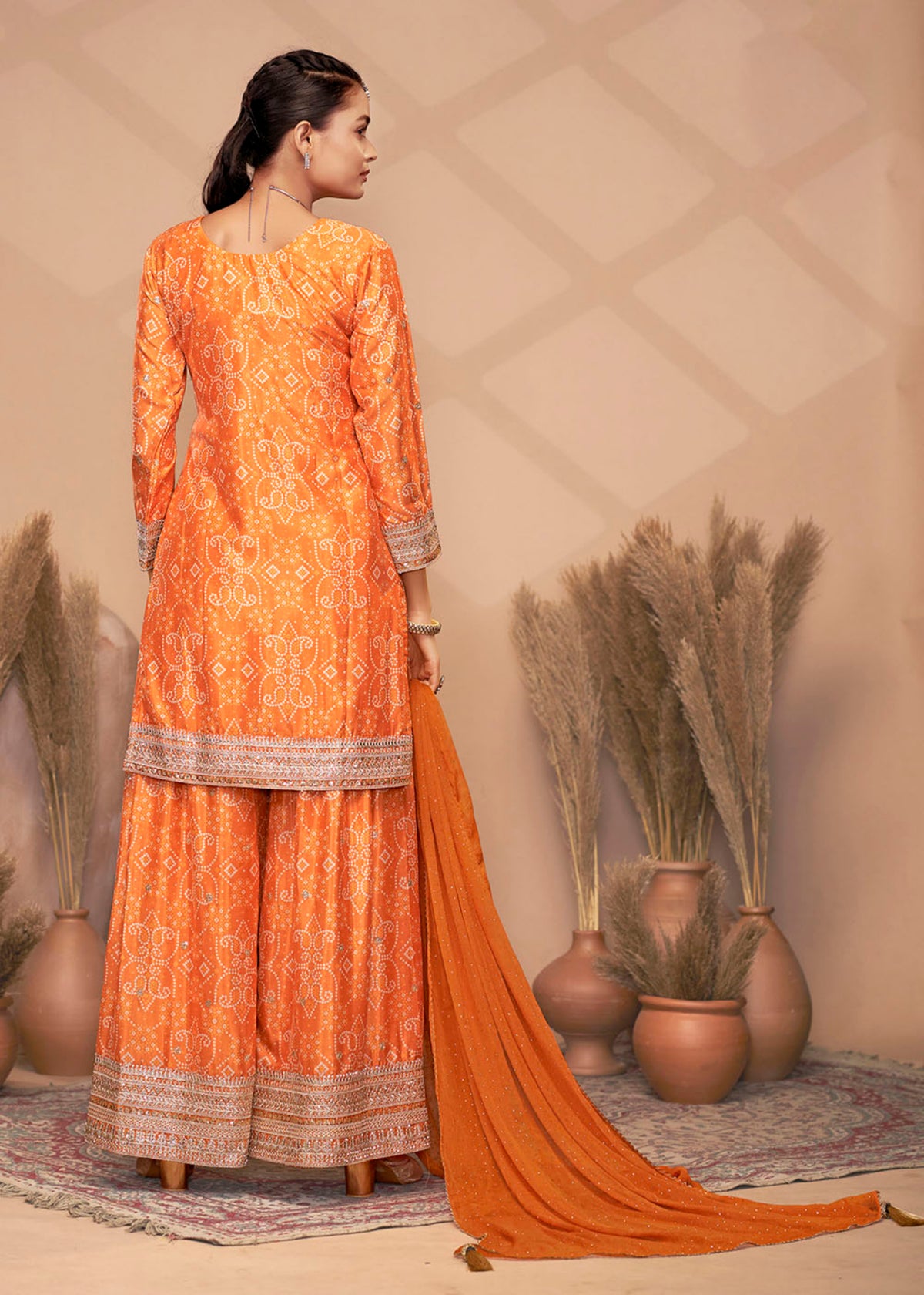 Buy Orange Bandhani Printed Sharara Suit