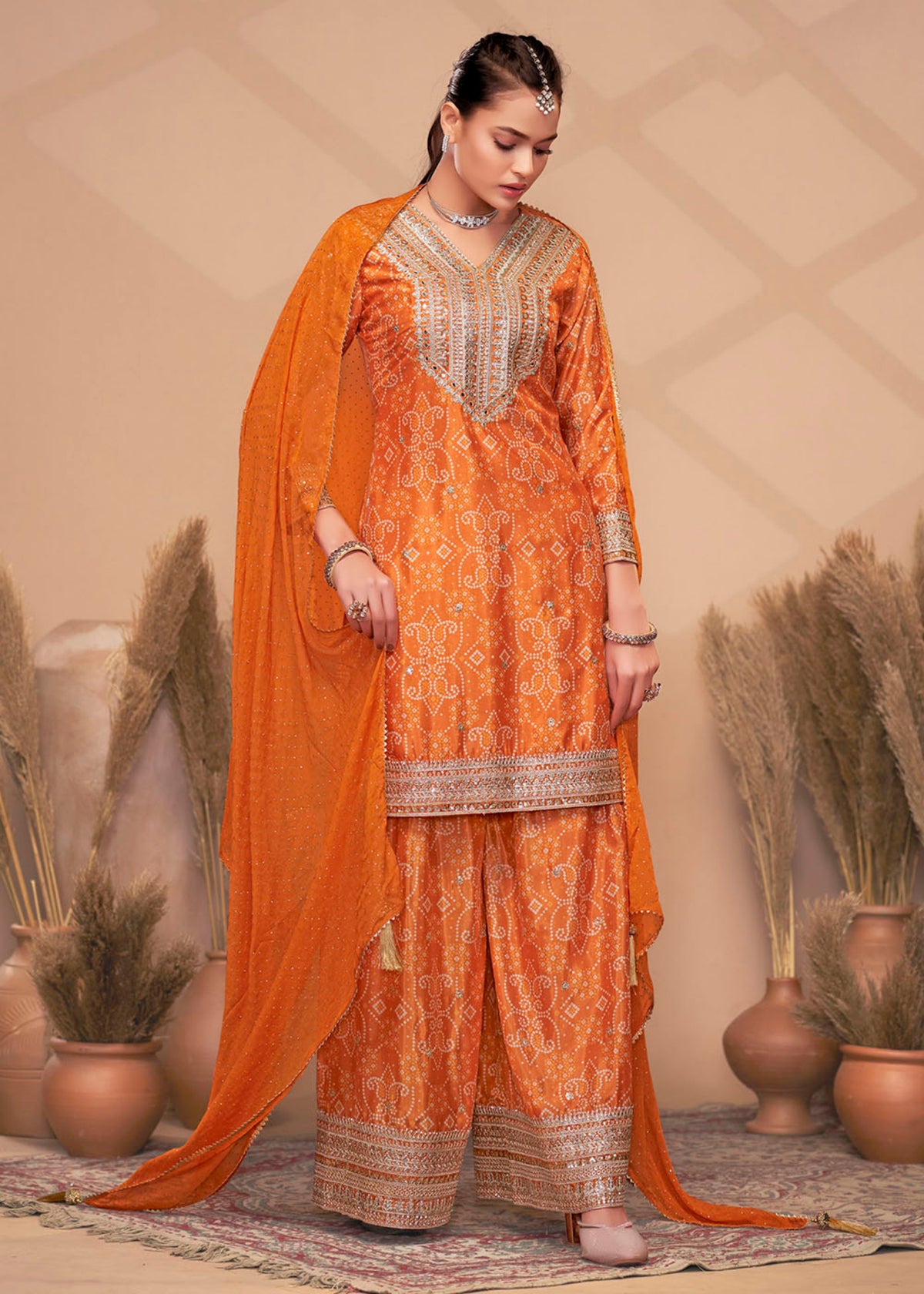 Buy Orange Bandhani Printed Sharara Suit