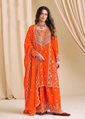 Orange Chinon Embroidered Diamond Work Palazzo Suit