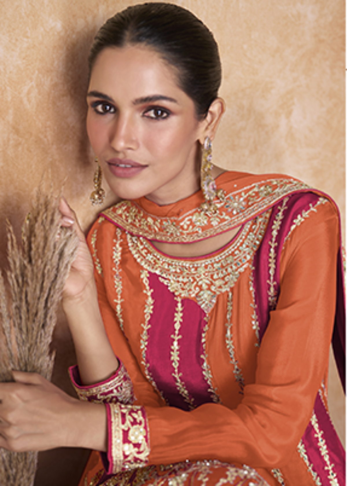 Orange Elegant Chinon Embroidered Sharara Suit.