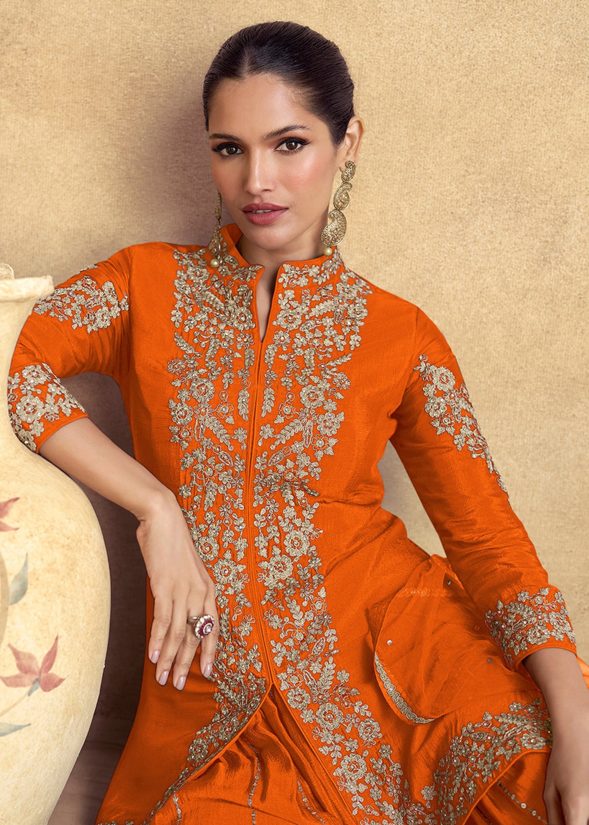 Buy Orange Embroidered  Sharara Style Suit