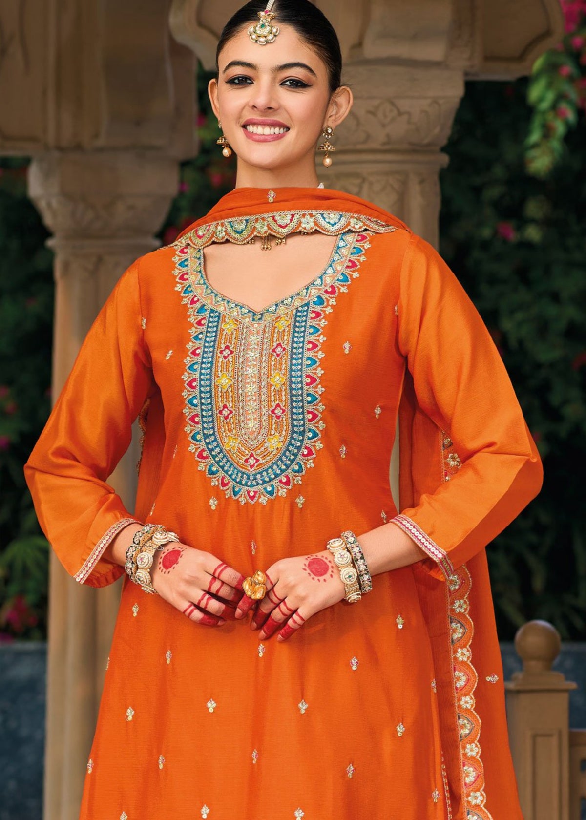 Orange Multi Embroidery Palazzo Suit