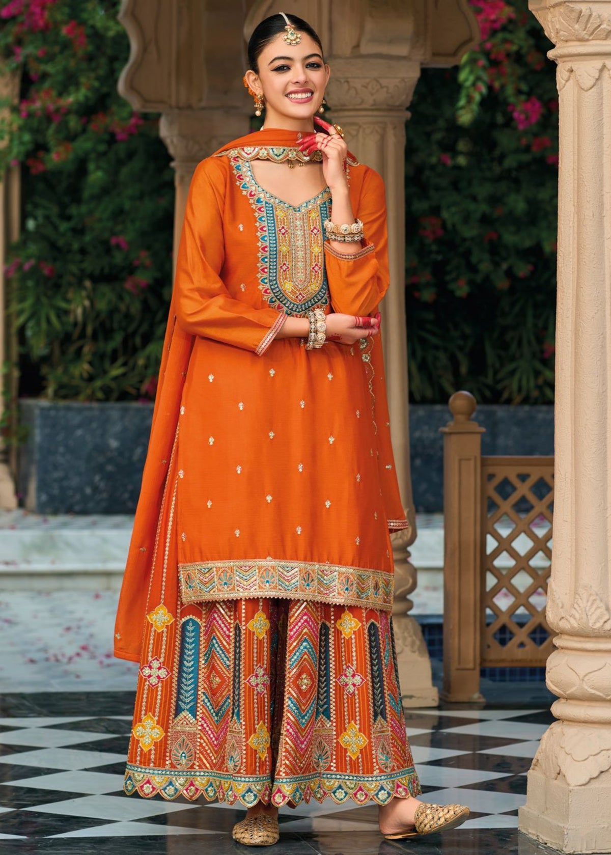 Orange Multi Embroidery Palazzo Suit