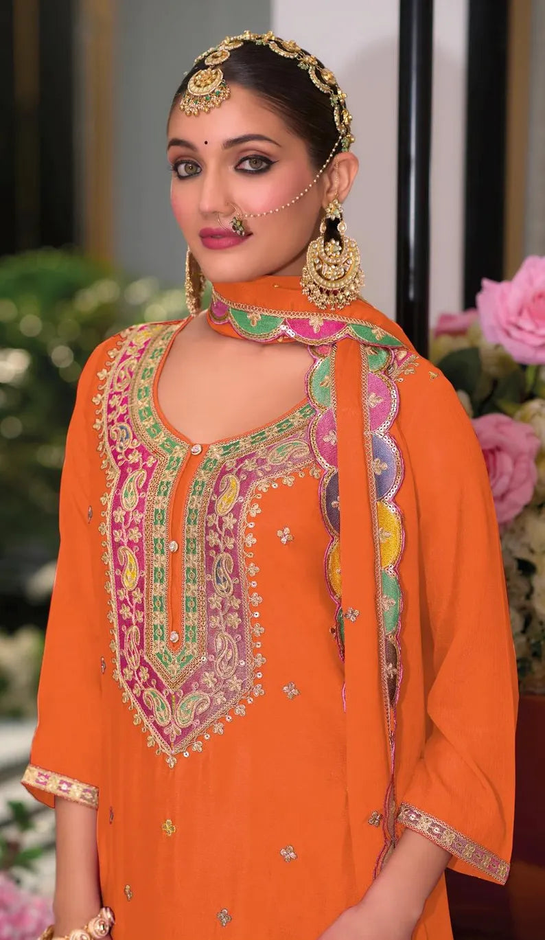 Orange Multi colored embroidery palazzo suit 