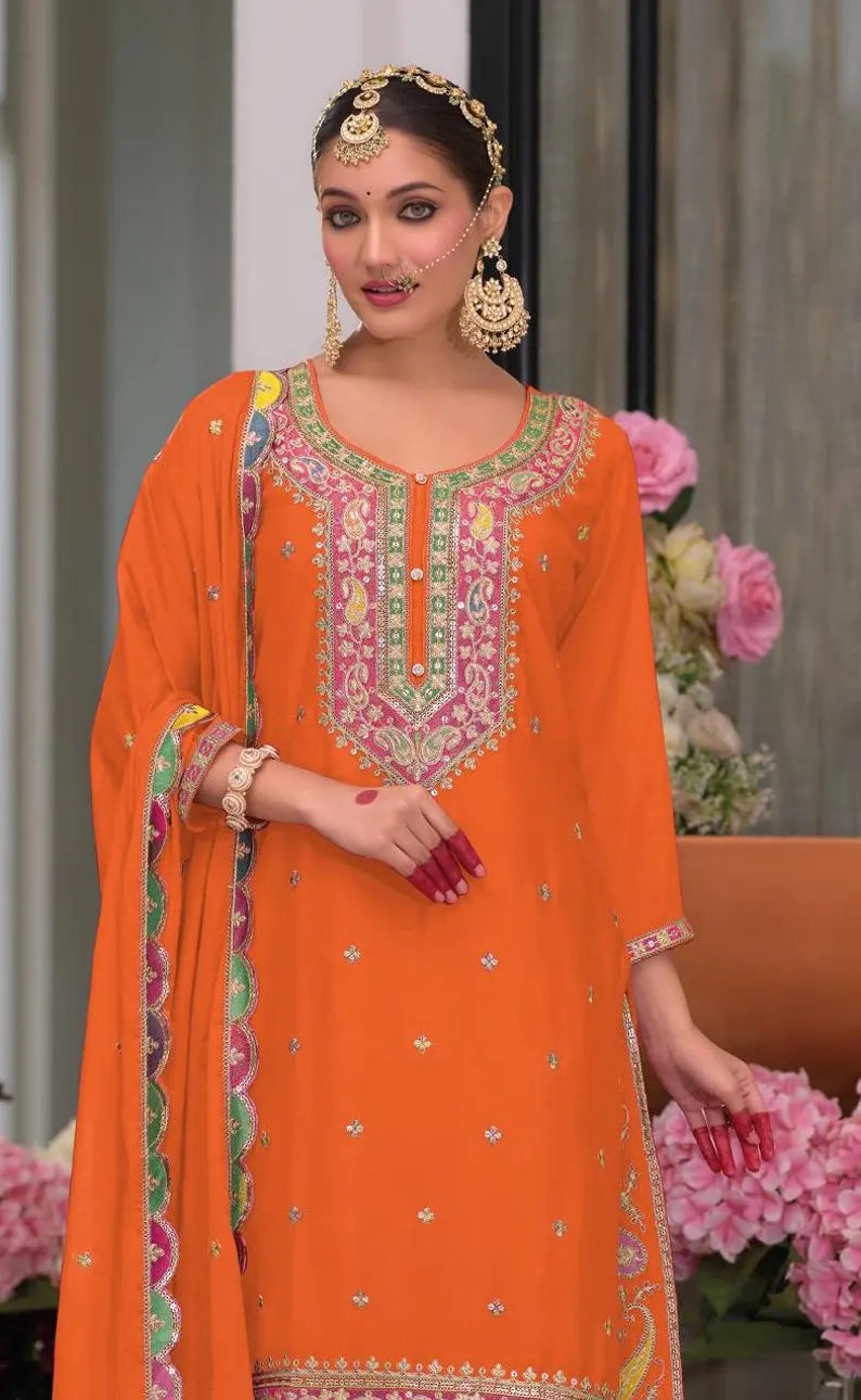 Orange Multi colored embroidery palazzo suit 