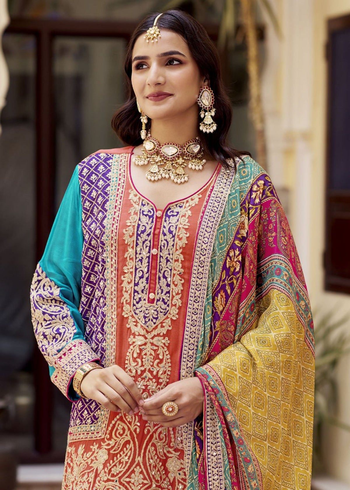 Orange Multicolor Embroidered Sharara Suit