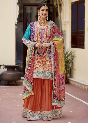 Orange Multicolor Embroidered Sharara Suit