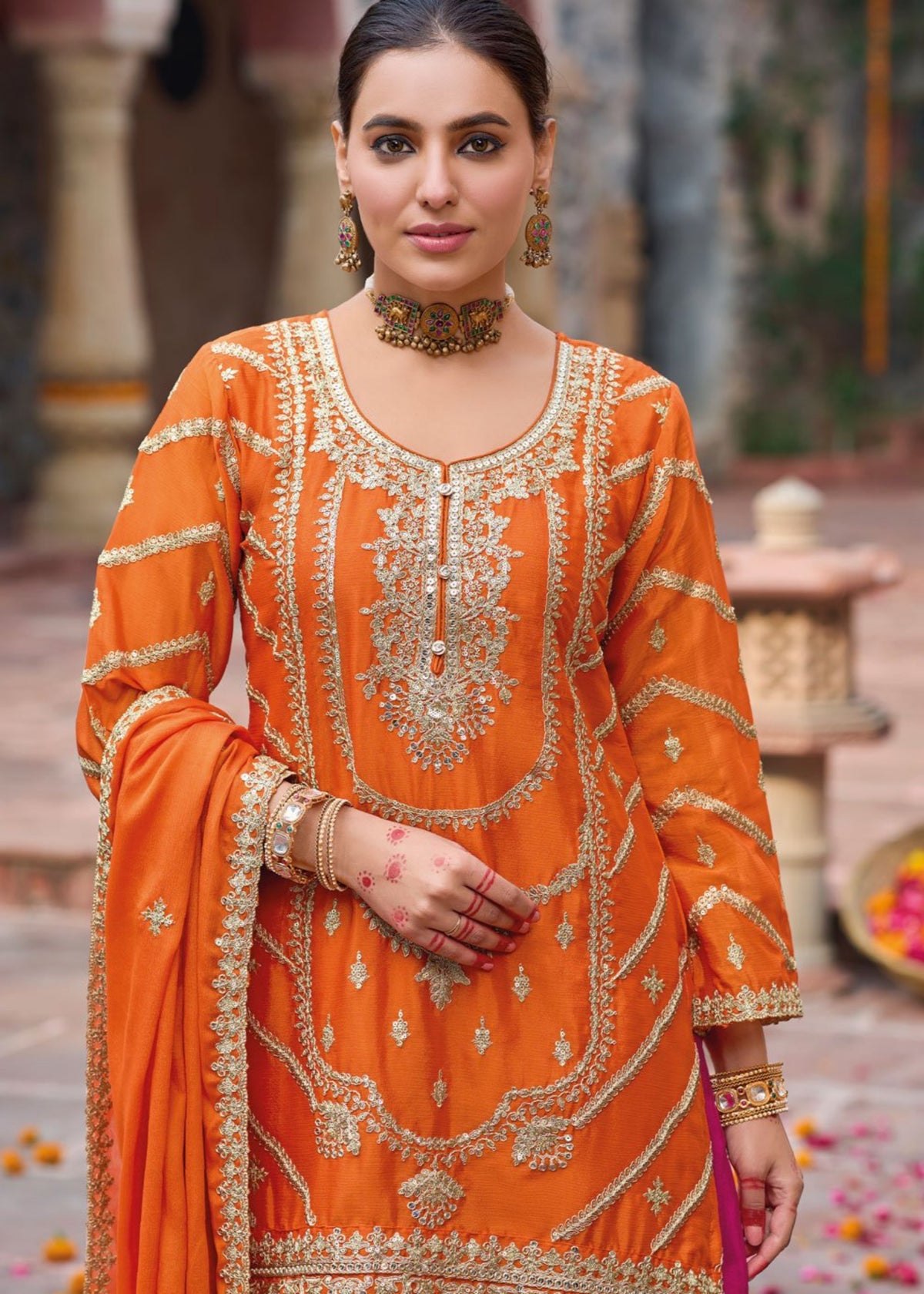 Orange and Rani Pink Embroidered Sharara Suit 