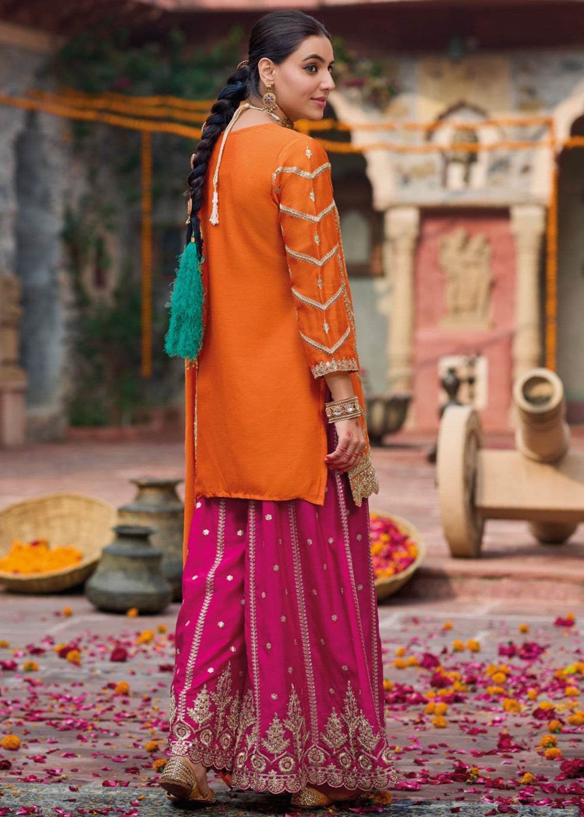 Orange and Rani Pink Embroidered Sharara Suit 