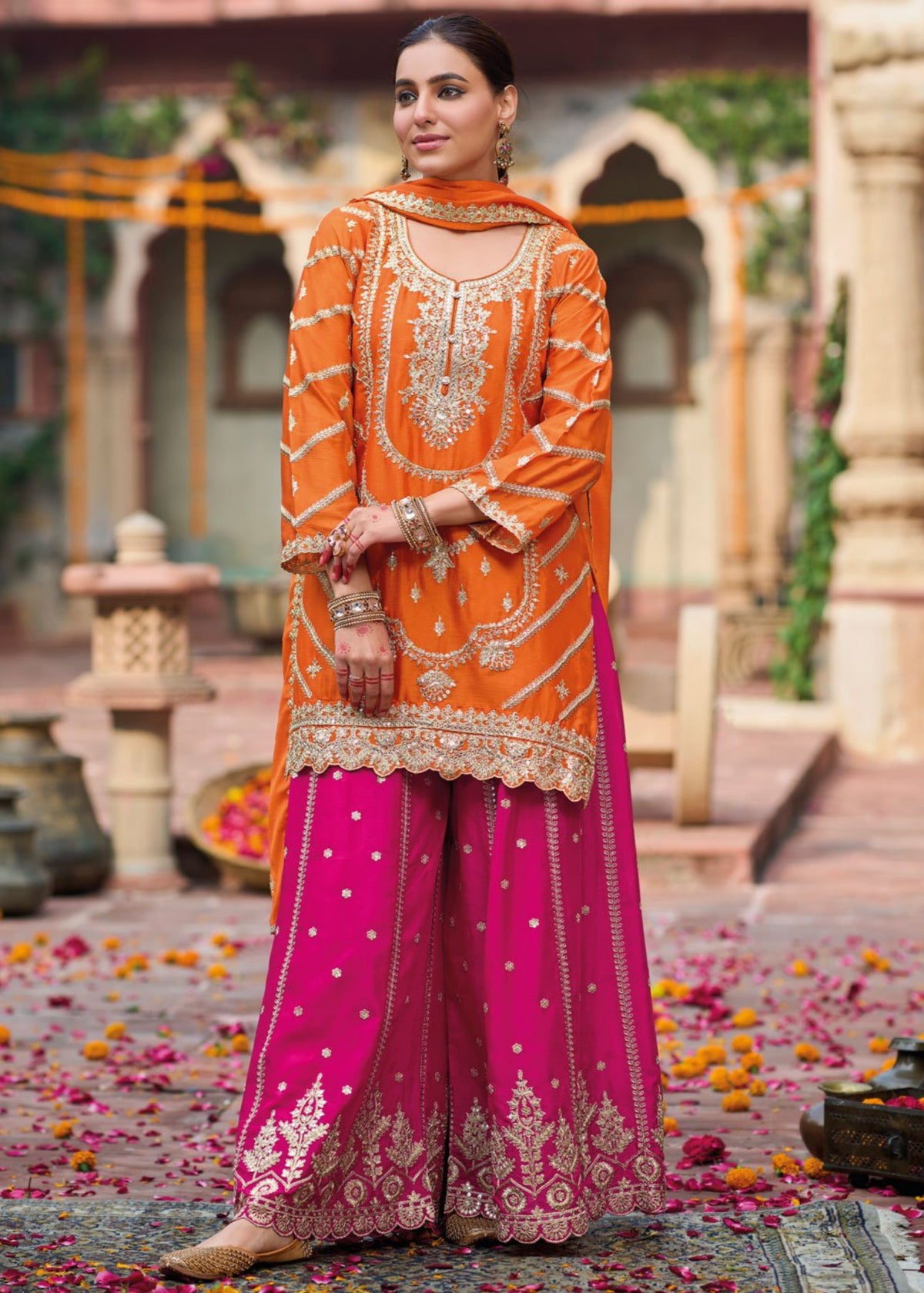 Orange and Rani Pink Embroidered Sharara Suit 