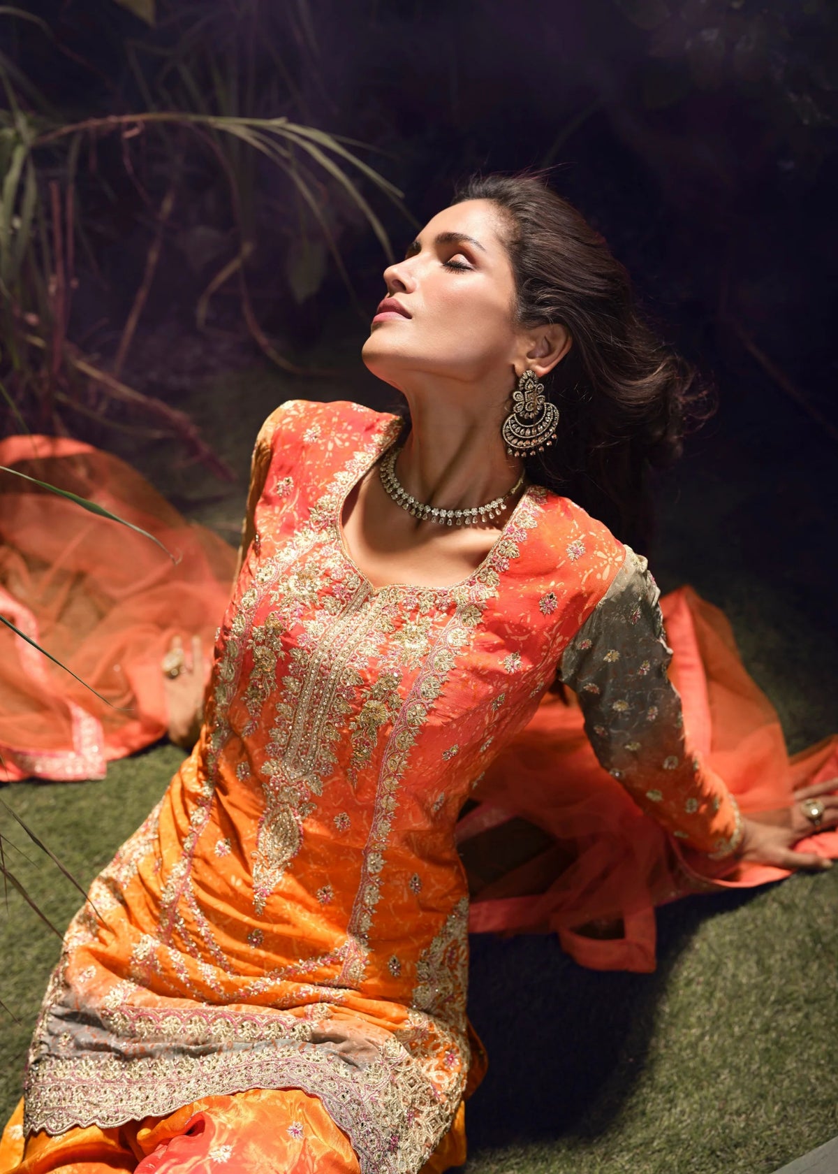 Orange and yellow Chinon Silk Sharara Suit 