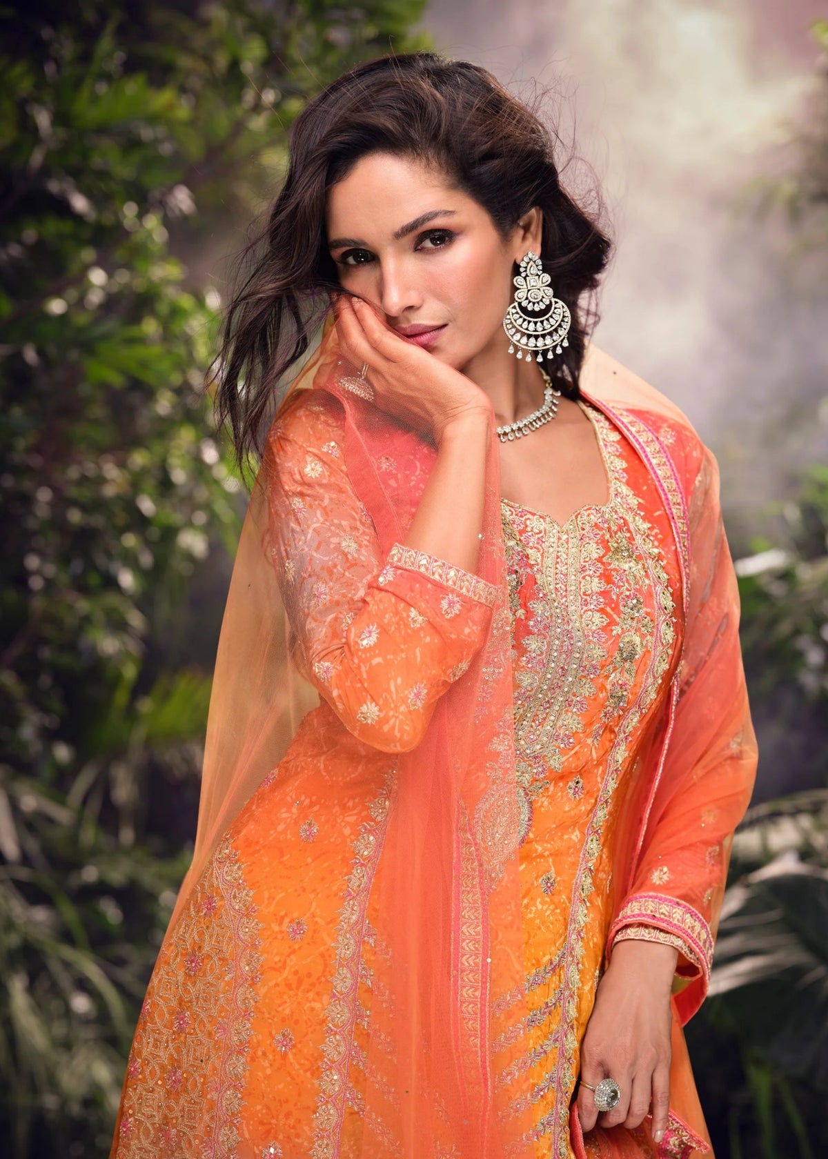 Orange and yellow Chinon Silk Sharara Suit 