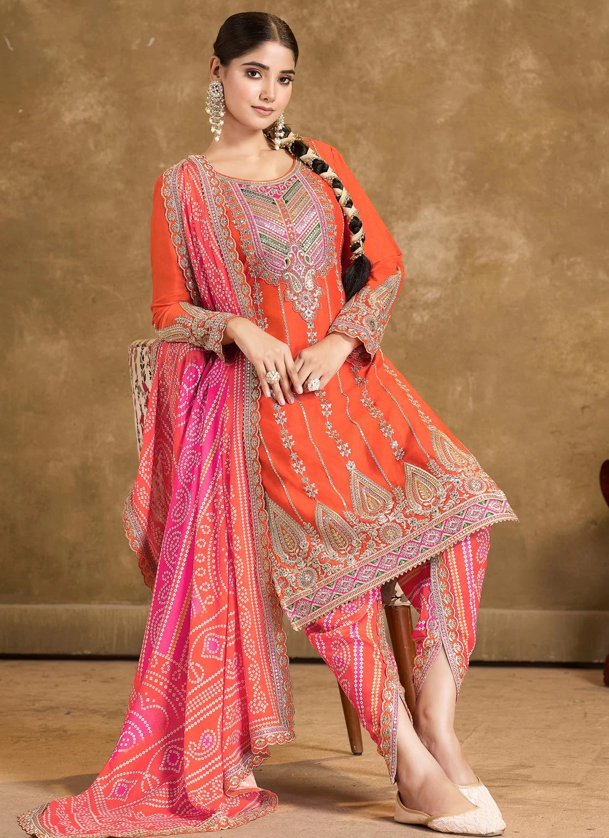 Orange multi embroidery bandhani designer dhoti style suit 