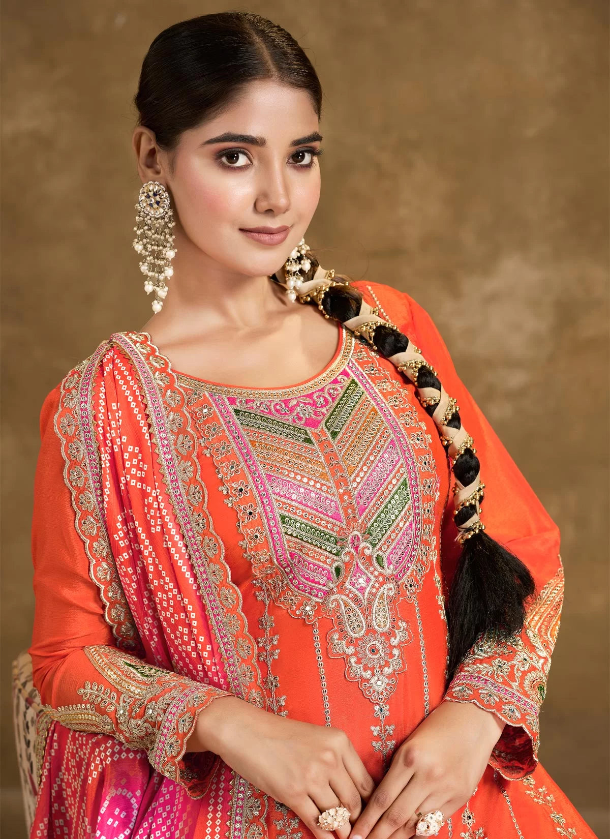 Orange multi embroidery bandhani designer dhoti style suit 