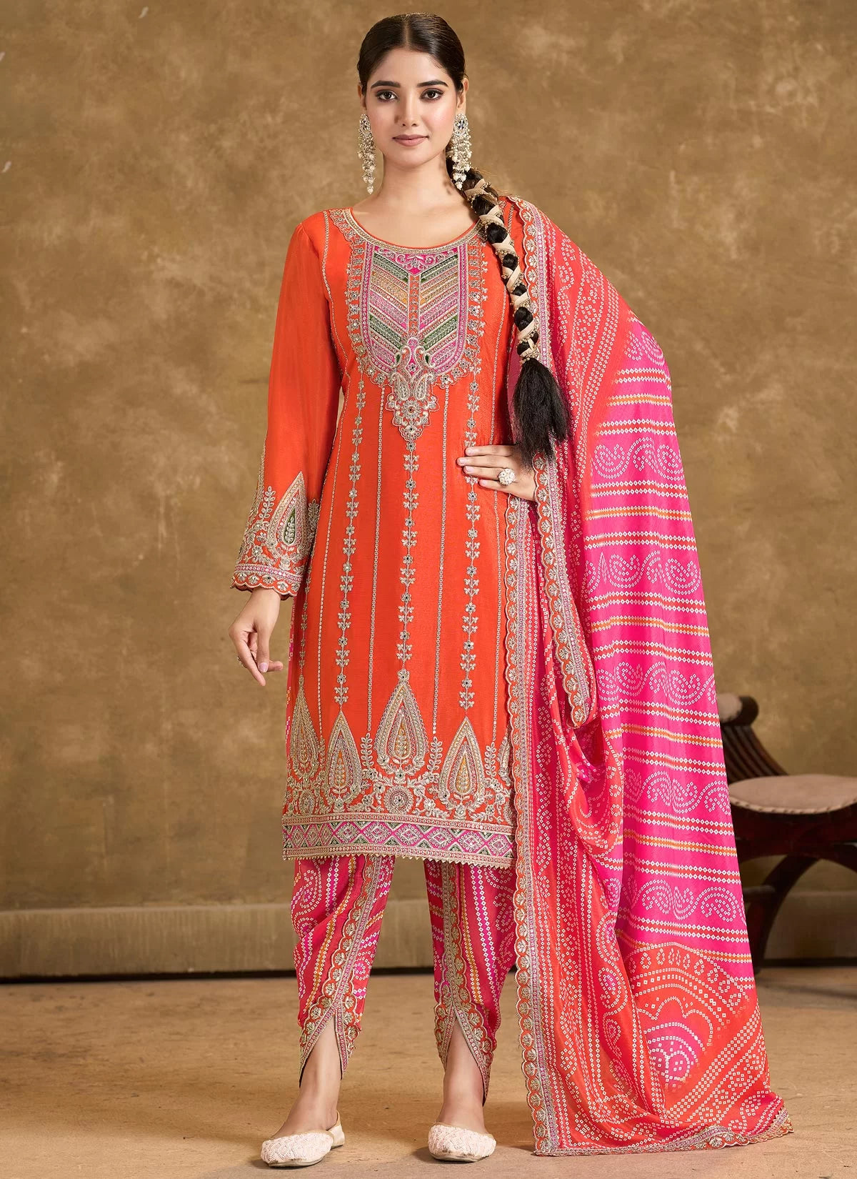 Orange multi embroidery bandhani designer dhoti style suit 