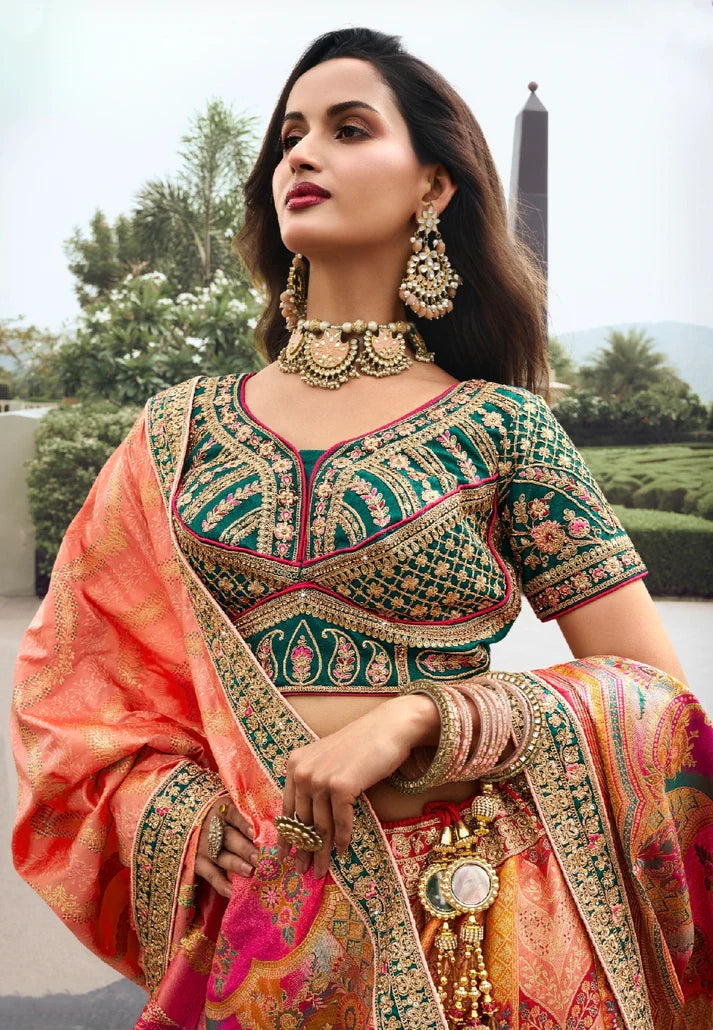 Orange and Green Banarasi Silk Bridal Lehenga