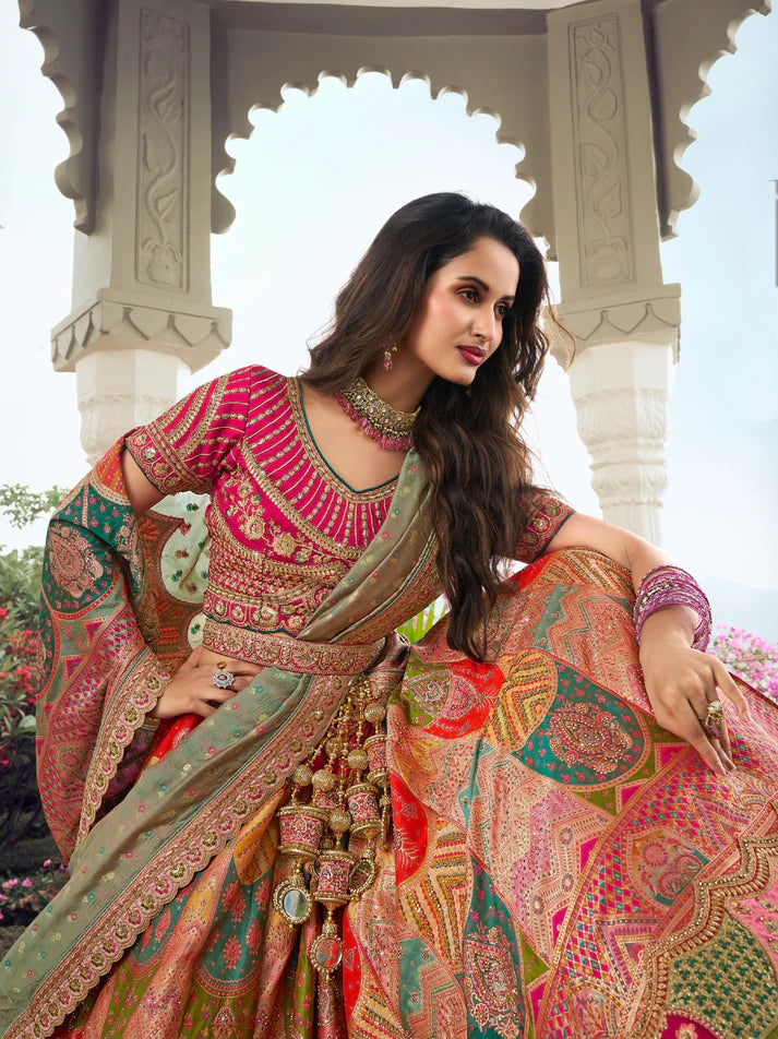 Orange and Pink Banarasi Silk bridal lehenga