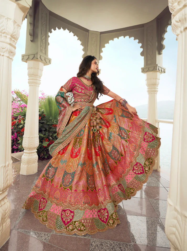 Orange and Pink Banarasi Silk bridal lehenga