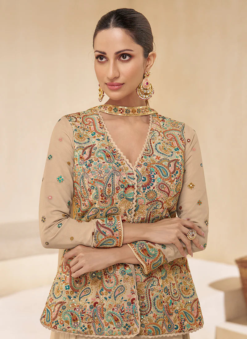 Pastel Brown Multi Embroidery Party Wear Sharara Suit