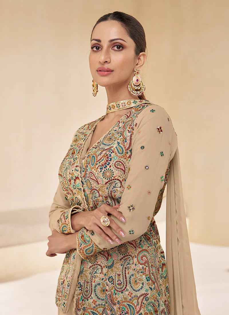 Pastel Brown Multi Embroidery Party Wear Sharara Suit