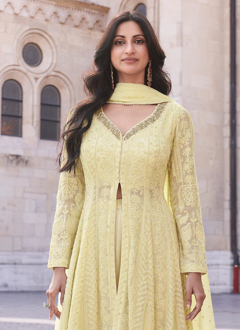 Pastel Yellow Lucknowi Embroidery Slit Style Anarkali Suit