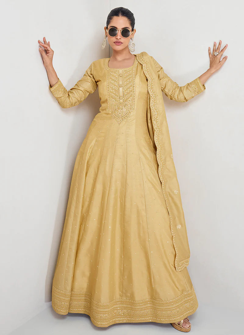 Pastel Yellow Sequence Embroidery Wedding Anarkali Gown