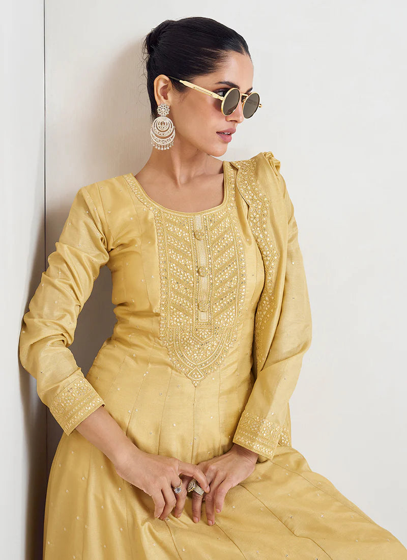 Pastel Yellow Sequence Embroidery Wedding Anarkali Gown