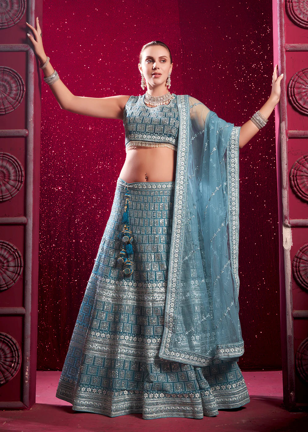 Pastel Blue Embroidered Wedding Lehenga Choli