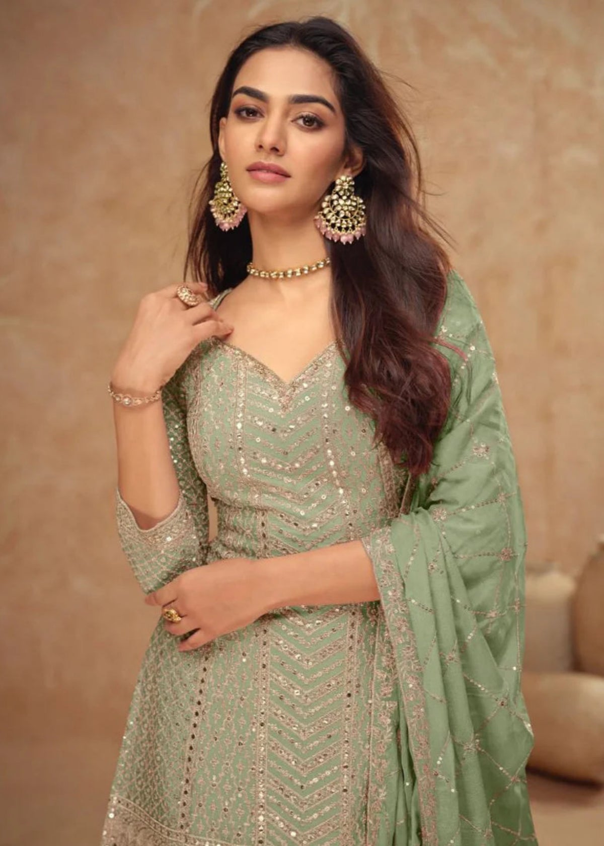 Pastel Green Designer Wedding Sharara Suit