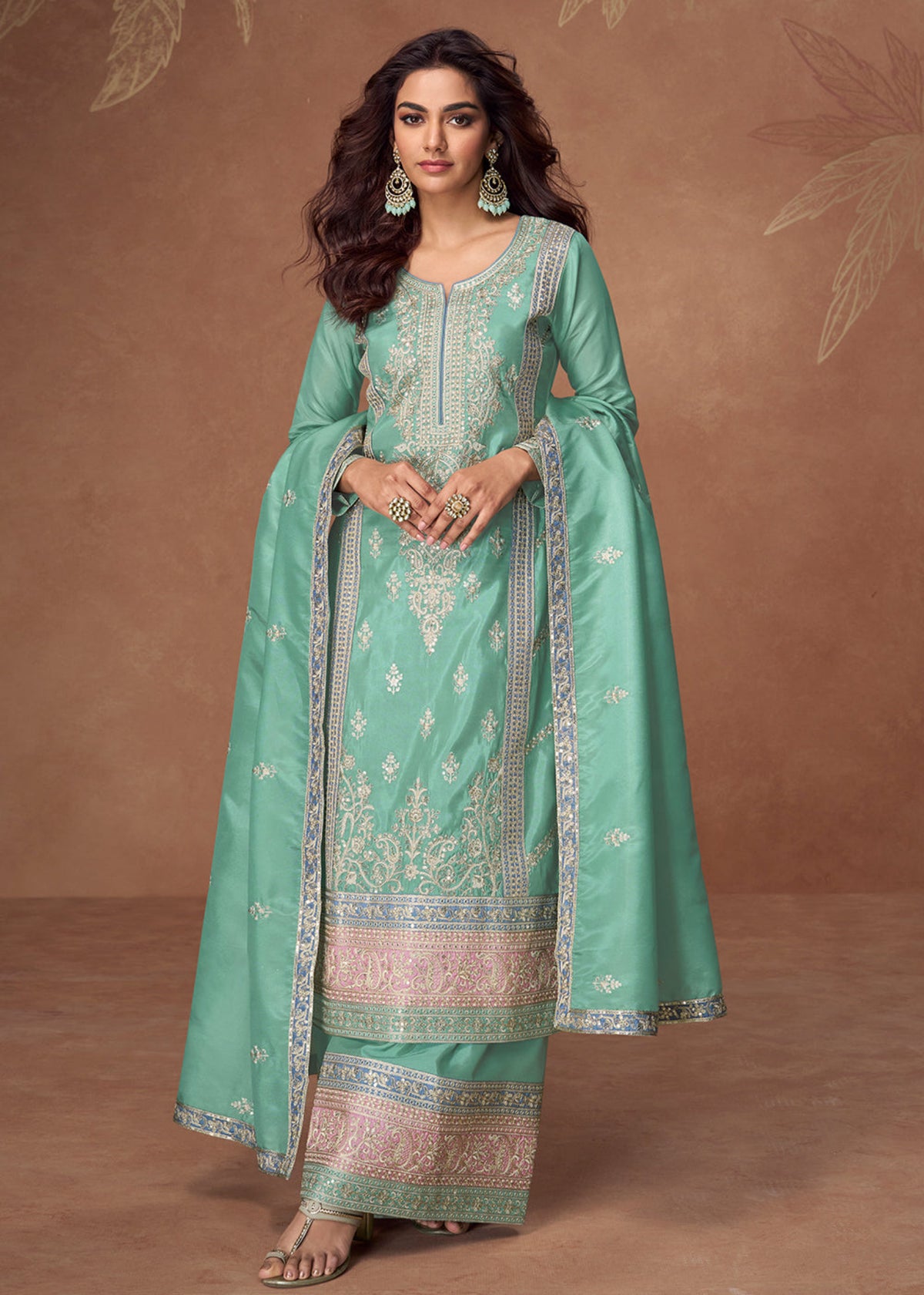 Buy Pastel Mint Green Embroidered palazzo style Suit