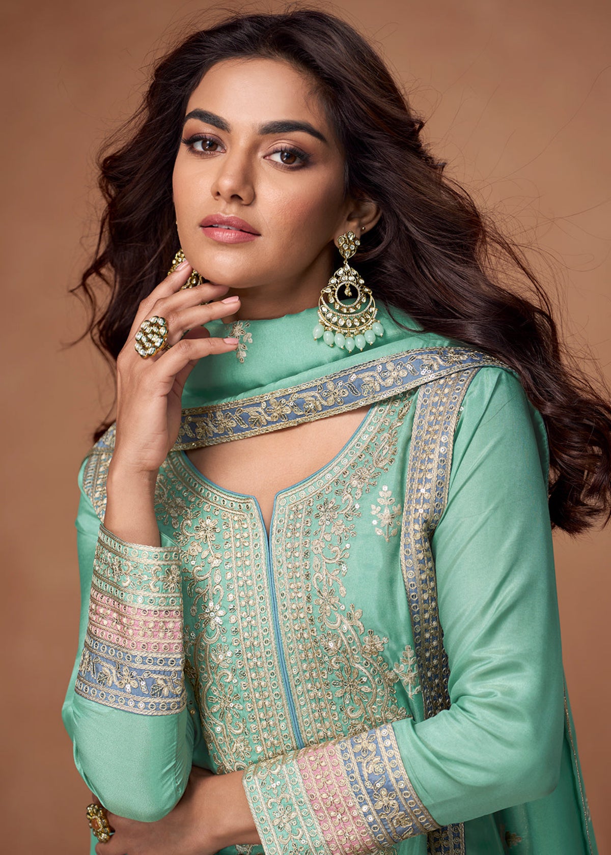 Buy Pastel Mint Green Embroidered palazzo style Suit