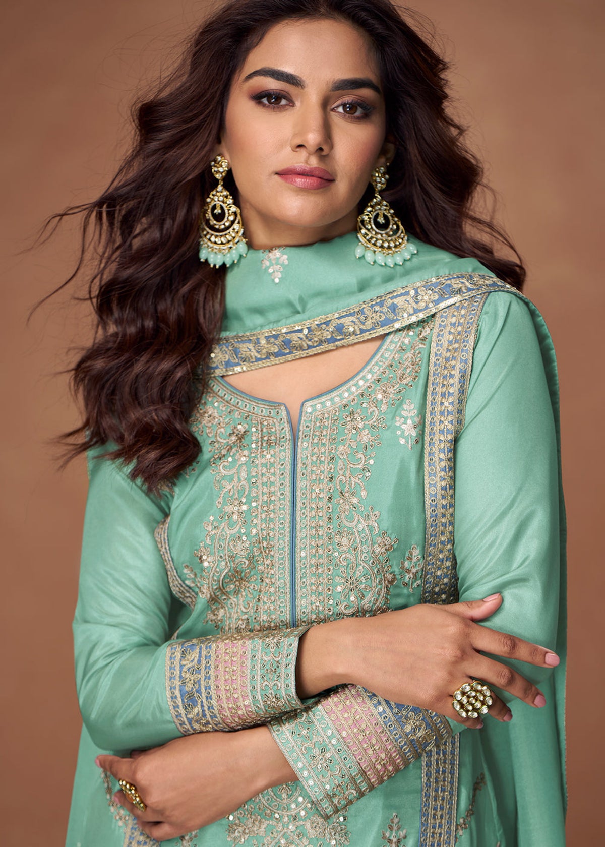 Buy Pastel Mint Green Embroidered palazzo style Suit