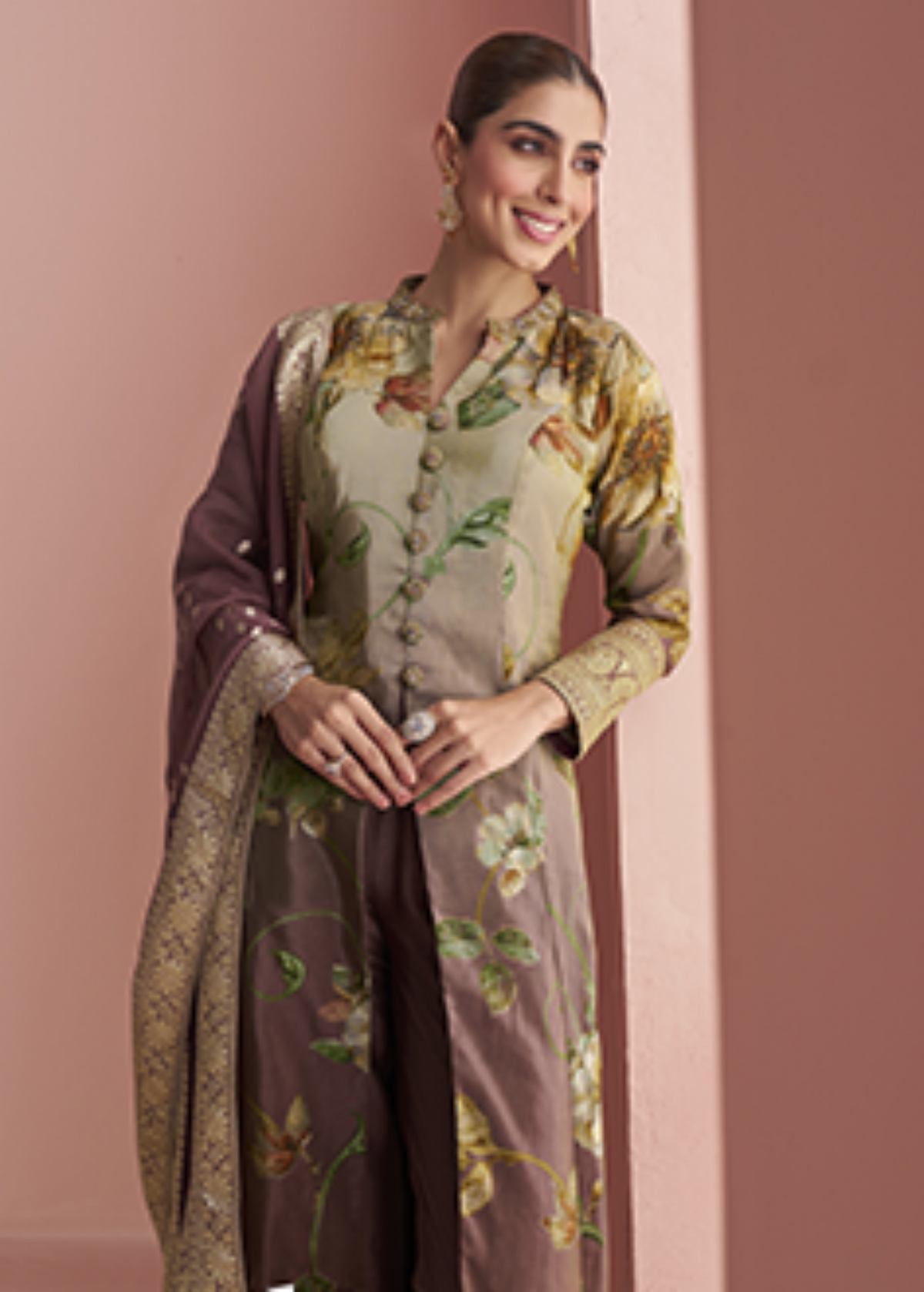 Peach Premium Silk Front Cut Pant Style Suit.