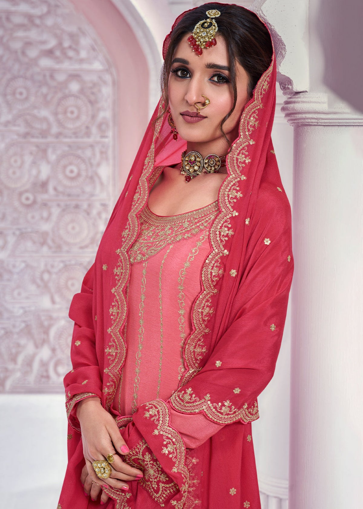 Peach chinnon silk Embroidered  Sharara Suit