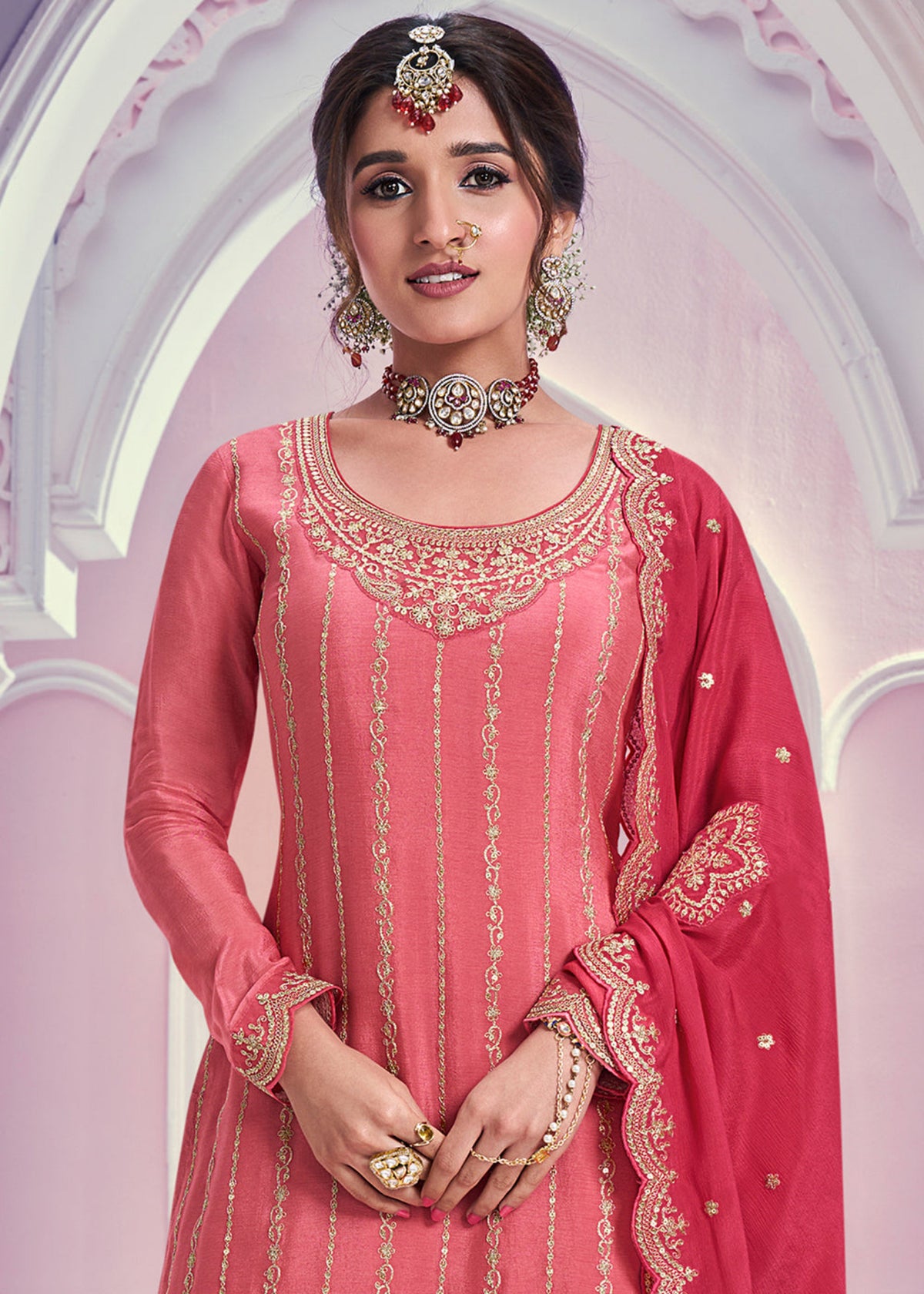 Peach chinnon silk Embroidered  Sharara Suit