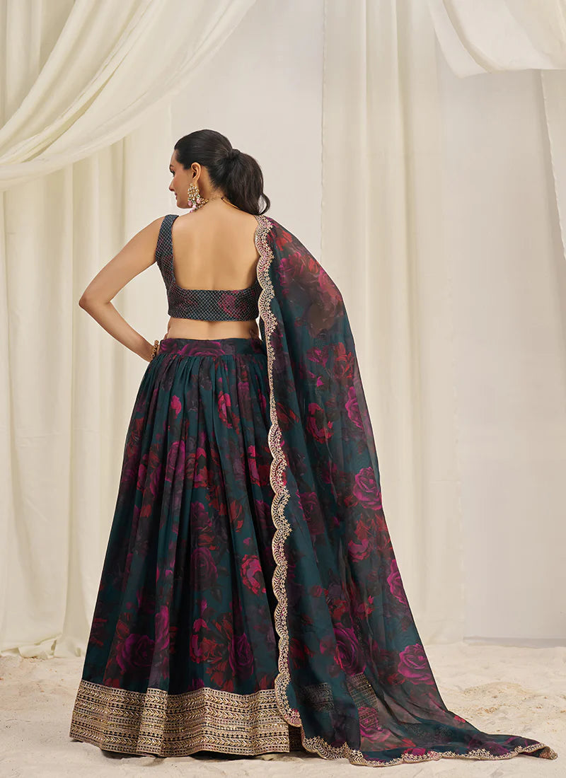 Peacock Green Floral Printed Embroidery Lehenga Choli